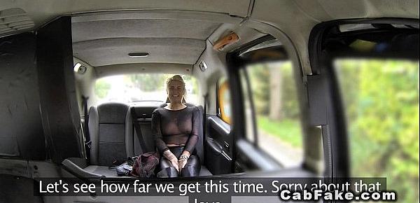  Blonde in see through shirt in fake taxi